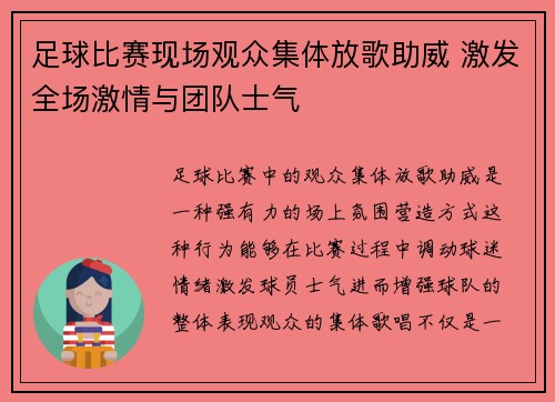 足球比赛现场观众集体放歌助威 激发全场激情与团队士气